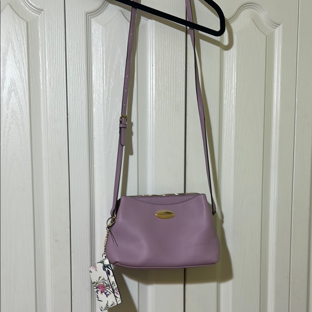 Nanette Lepore Lavender Crossbody Bag with outer floral card holder.
